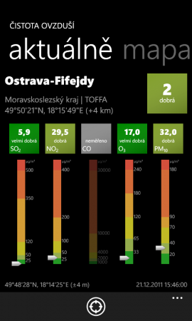 Aplikace Čistota ovzduší pro telefony s OS Windows Phone